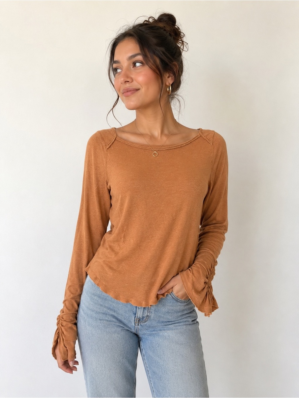 Free‎ People We The Free Lizzy ruching sleeves exposed seams top L